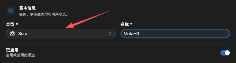 创建渠道基本信息页面，类型选择 Sora，名称填写 MetaH3